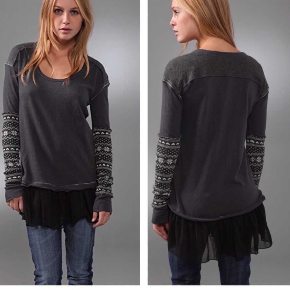 Free People Charcoal Top with Patterned Sleeves